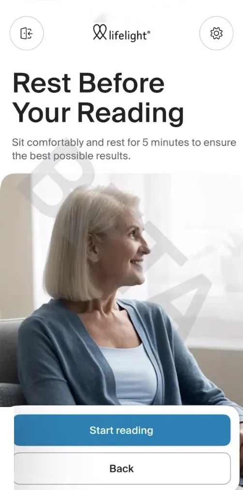 Lifelight screen: rest before your reading. Sit comfortably and rest for five minutes.